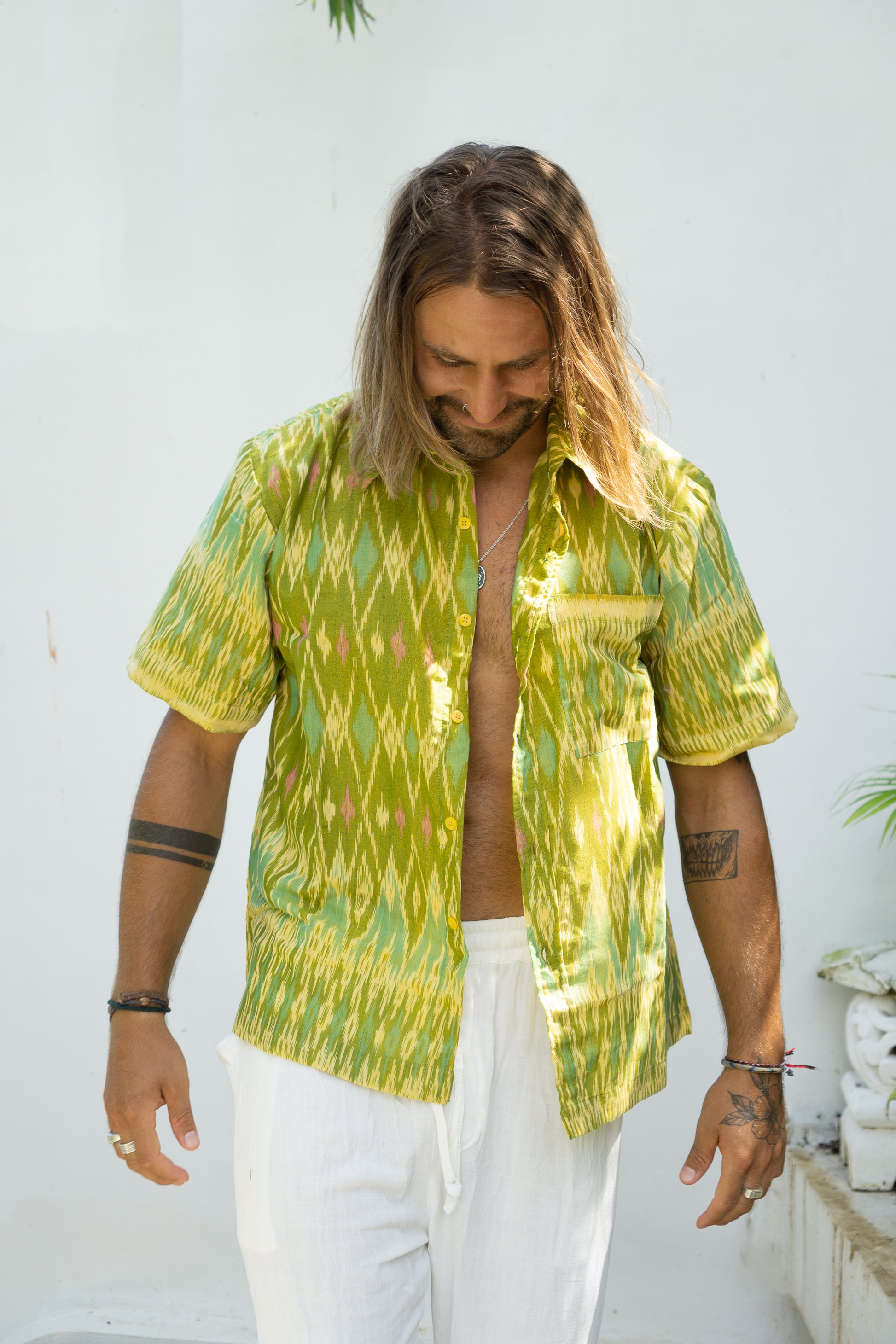 SUN ON Designs Green Cotton Shirt for Men Handwoven in Bali