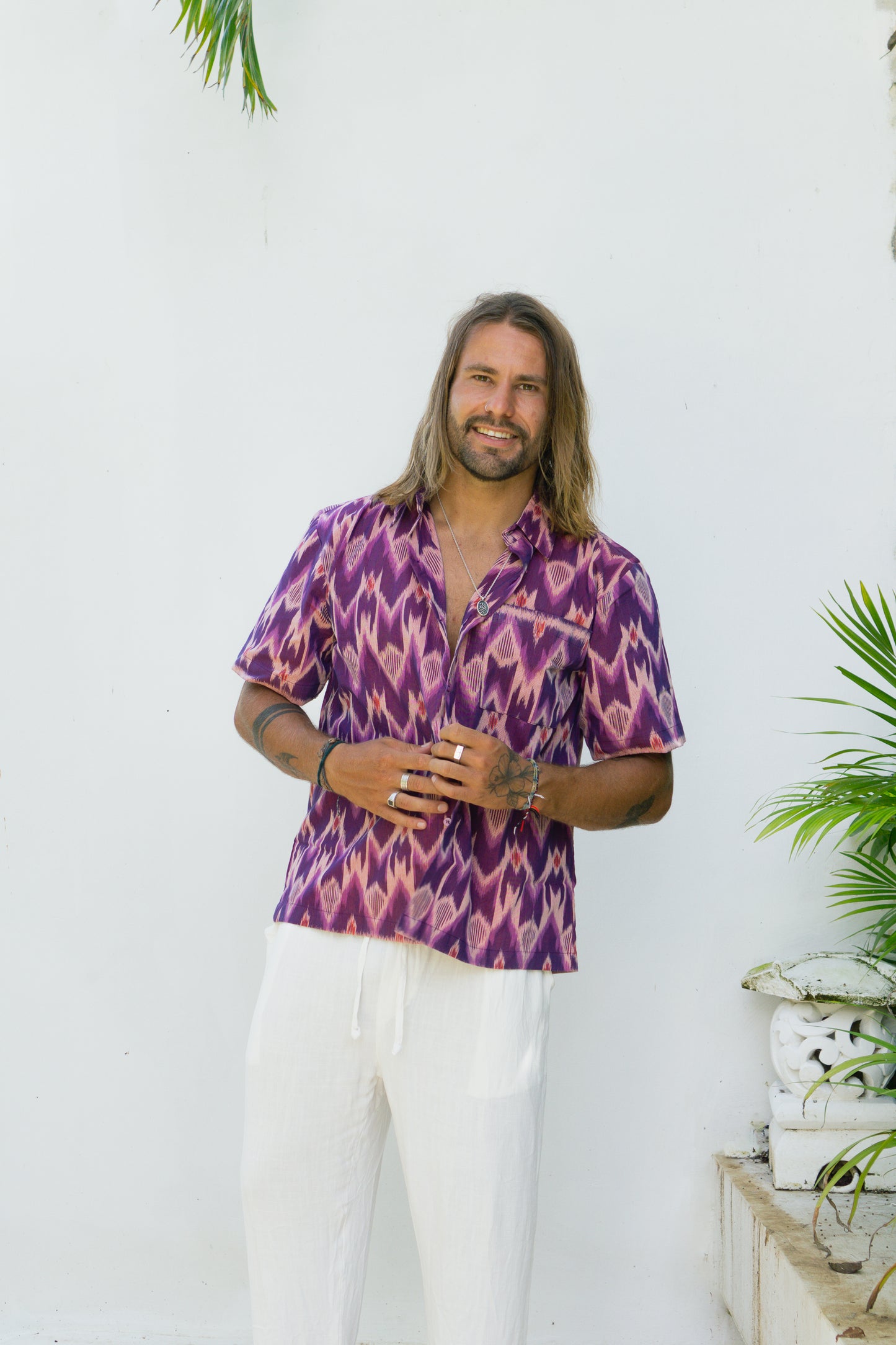 Purple Cotton Shirt for Men Traditional Bali Fabric 