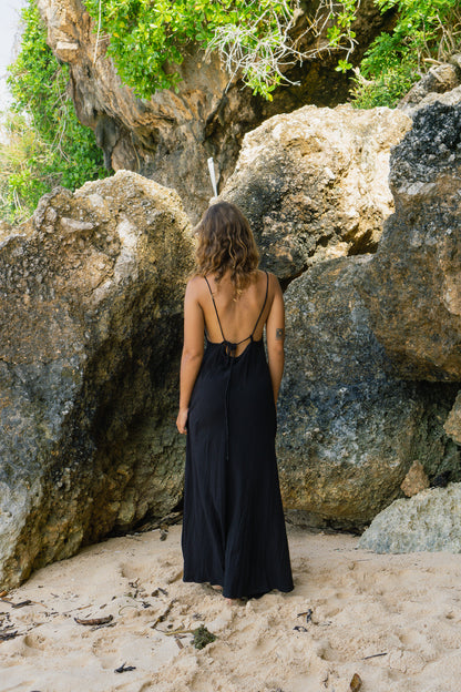 Long Black Linen Dress Back Cutout Beach SUN ON Designs