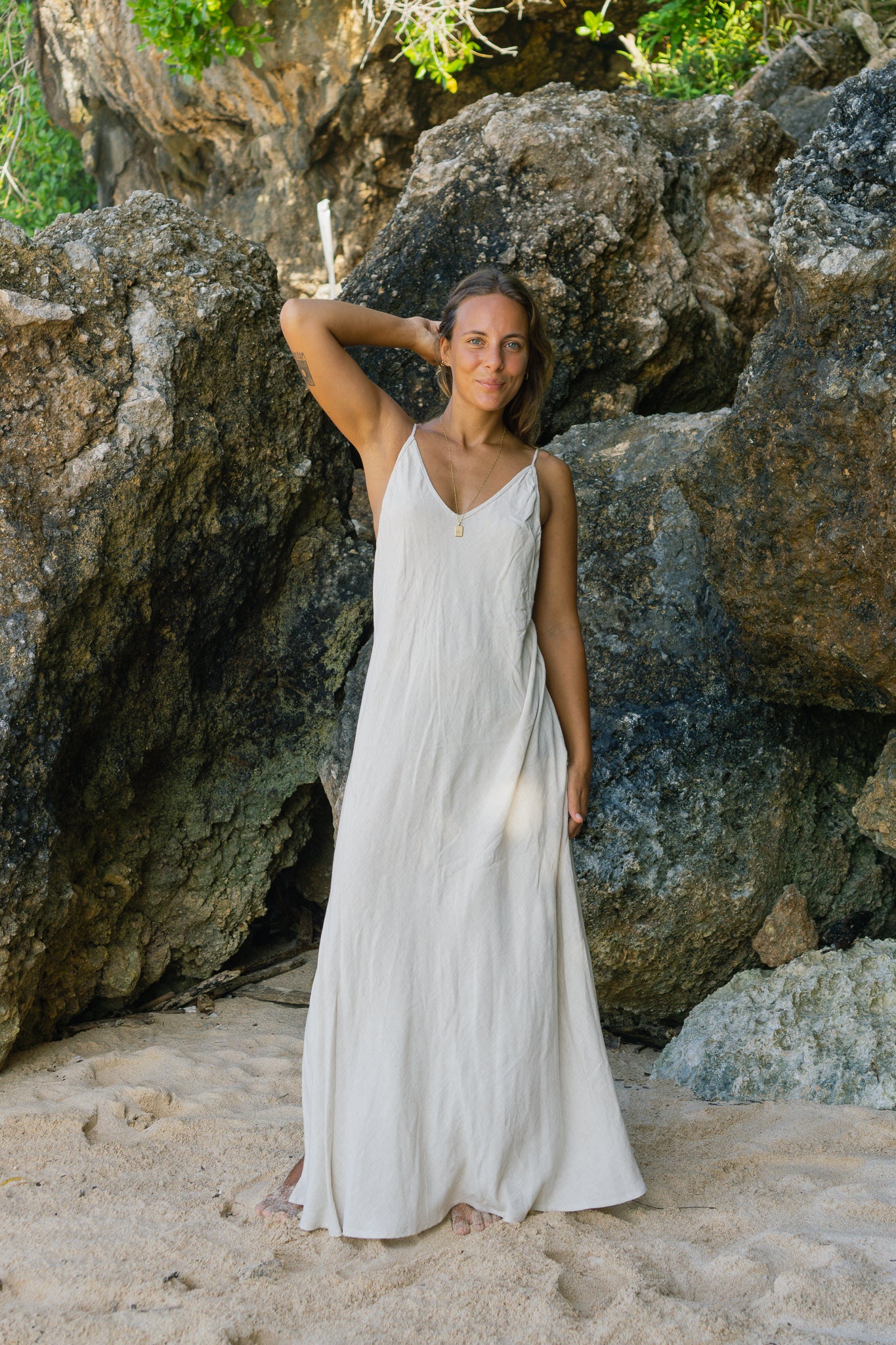 Long Linen Beach Dress Natural Color Fair Produced in Bali