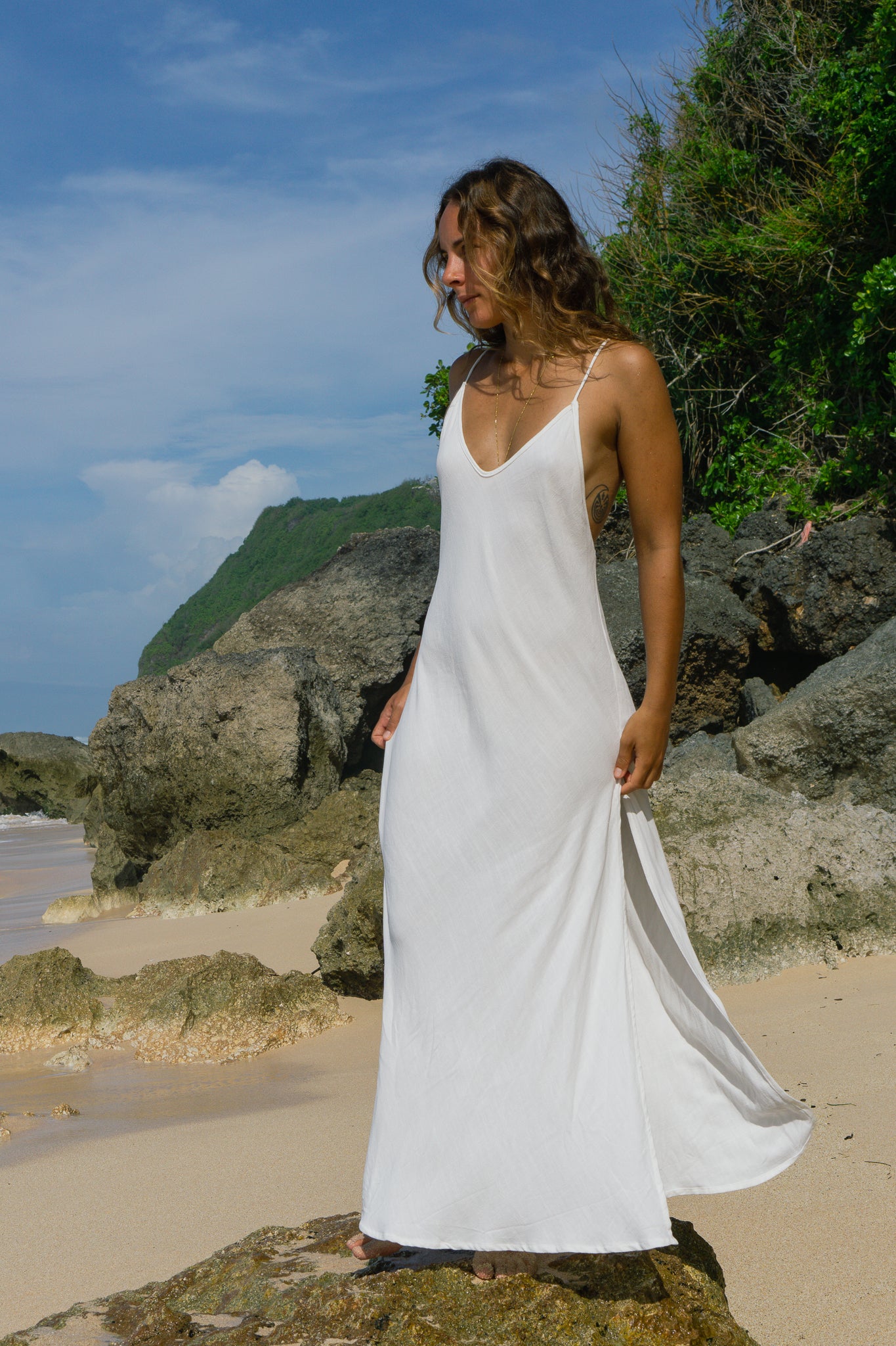 Feminine Long Dress in White Handmade in Bali SUN ON Designs